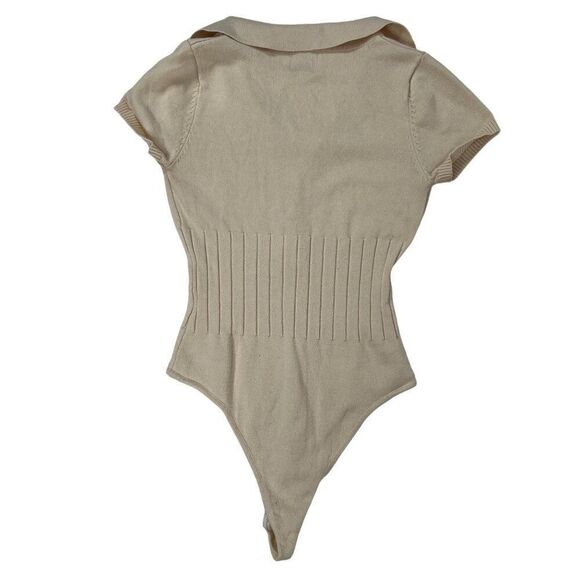 Princess Polly Cream Ribbed Knit Short Sleeve Collared Button Down Bodysuit / XS - Picture 5 of 8